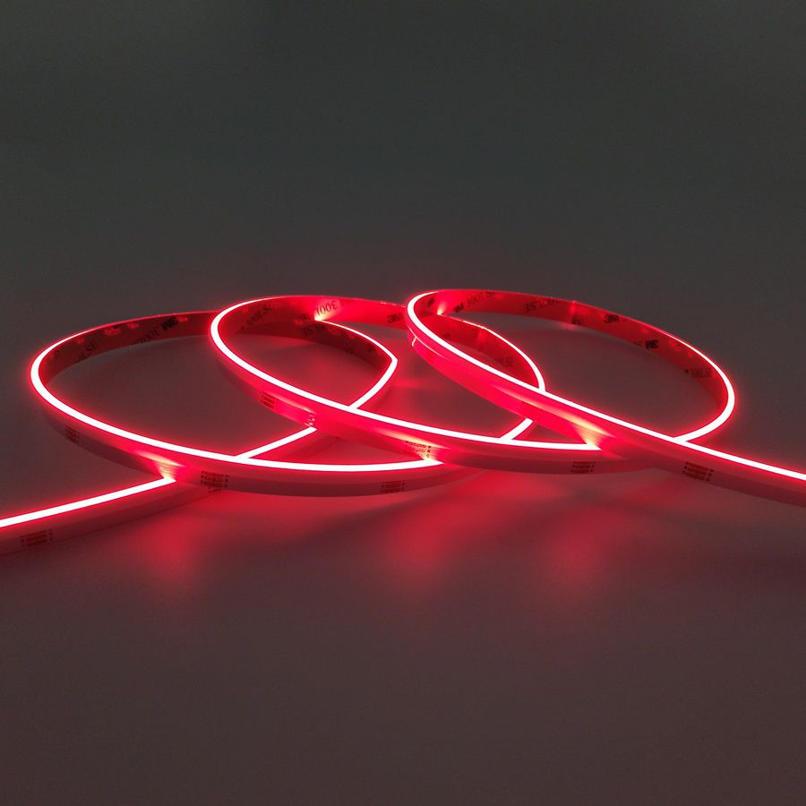 RGB side-emitting COB LED strip emitting continuous red light